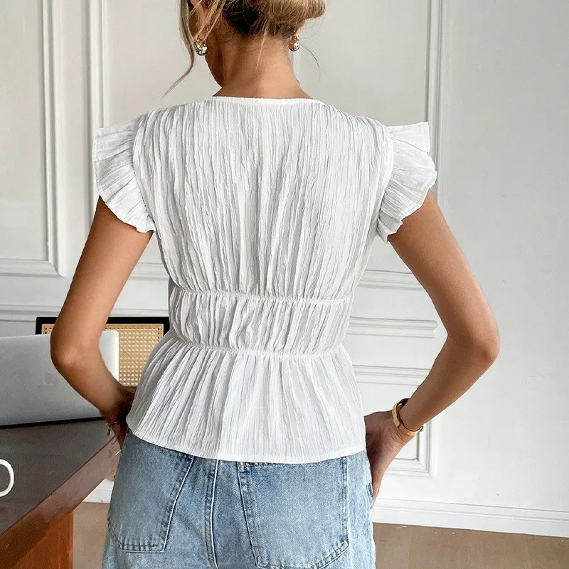 White Tops For Women Summer Thin Solid Color Deep V Neck Black Bow Front Frill Flying Sleeve Smocked Shirts & Blouses Streetwear