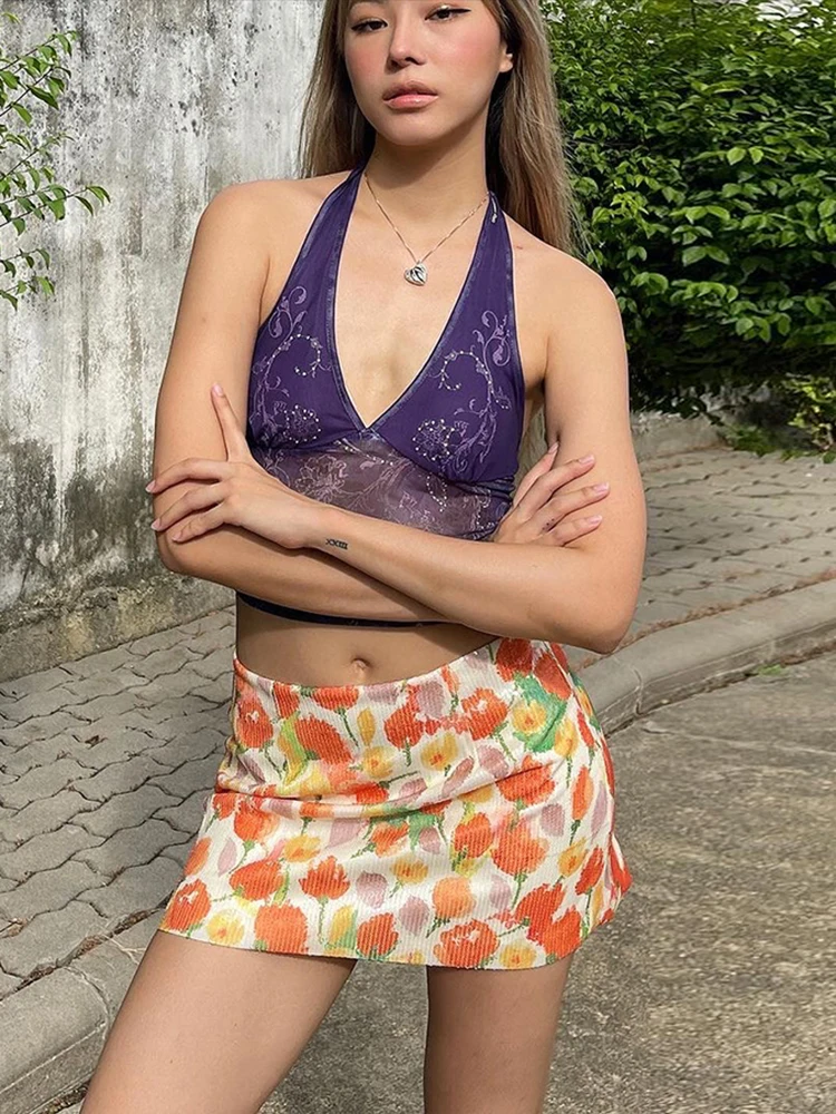 Weird Puss Sexy Sequins Skirts Women Y2K Summer Colorful Flower Print Style Skinny Culotes Street Hottie Trend Party Clubwear