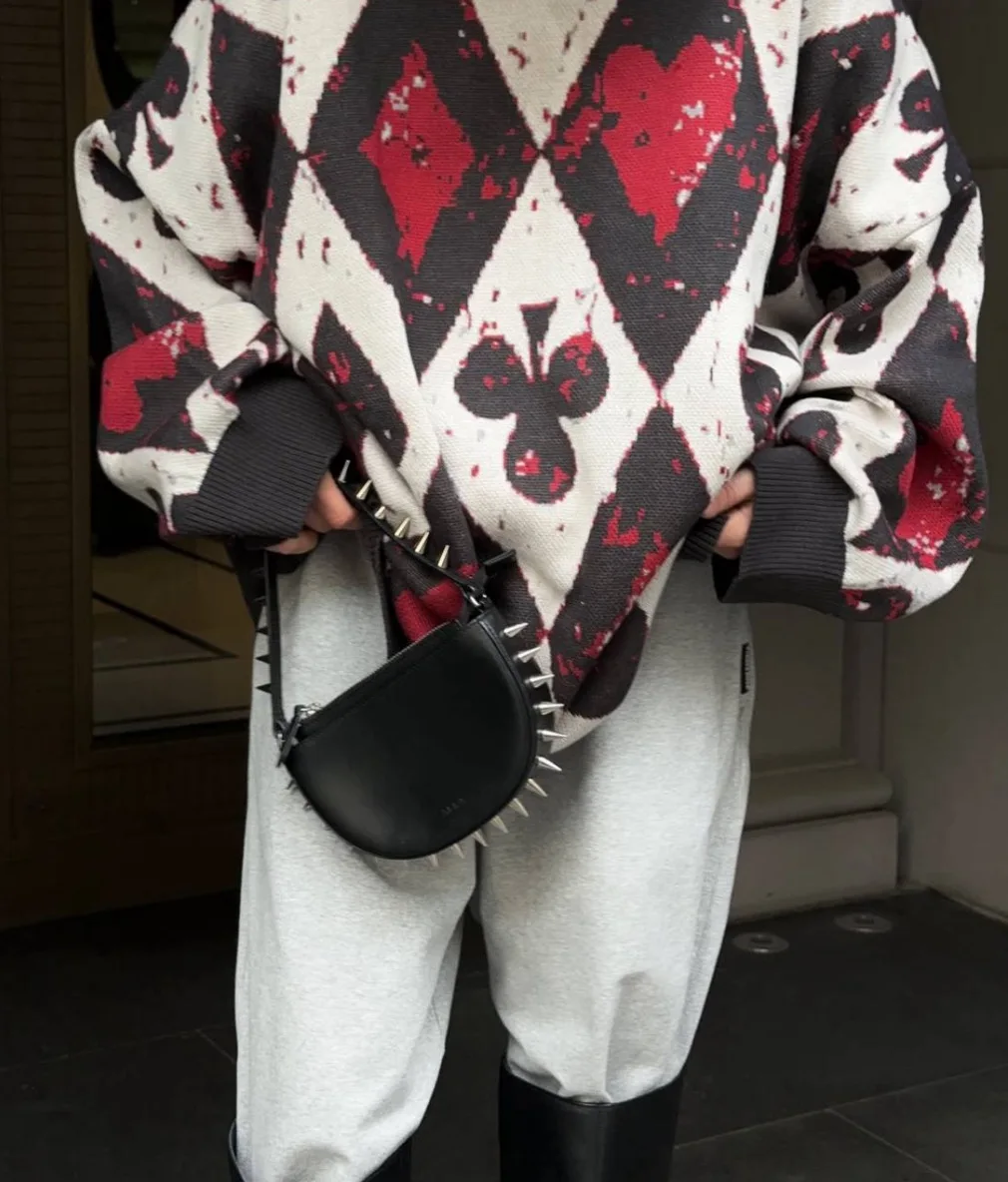 2025 المتناقضة الماس الرجعية المتناقضة Crewneck متماسكة المرأة الخريف/الشتاء فضفاض البلوز تصميم سترة #5