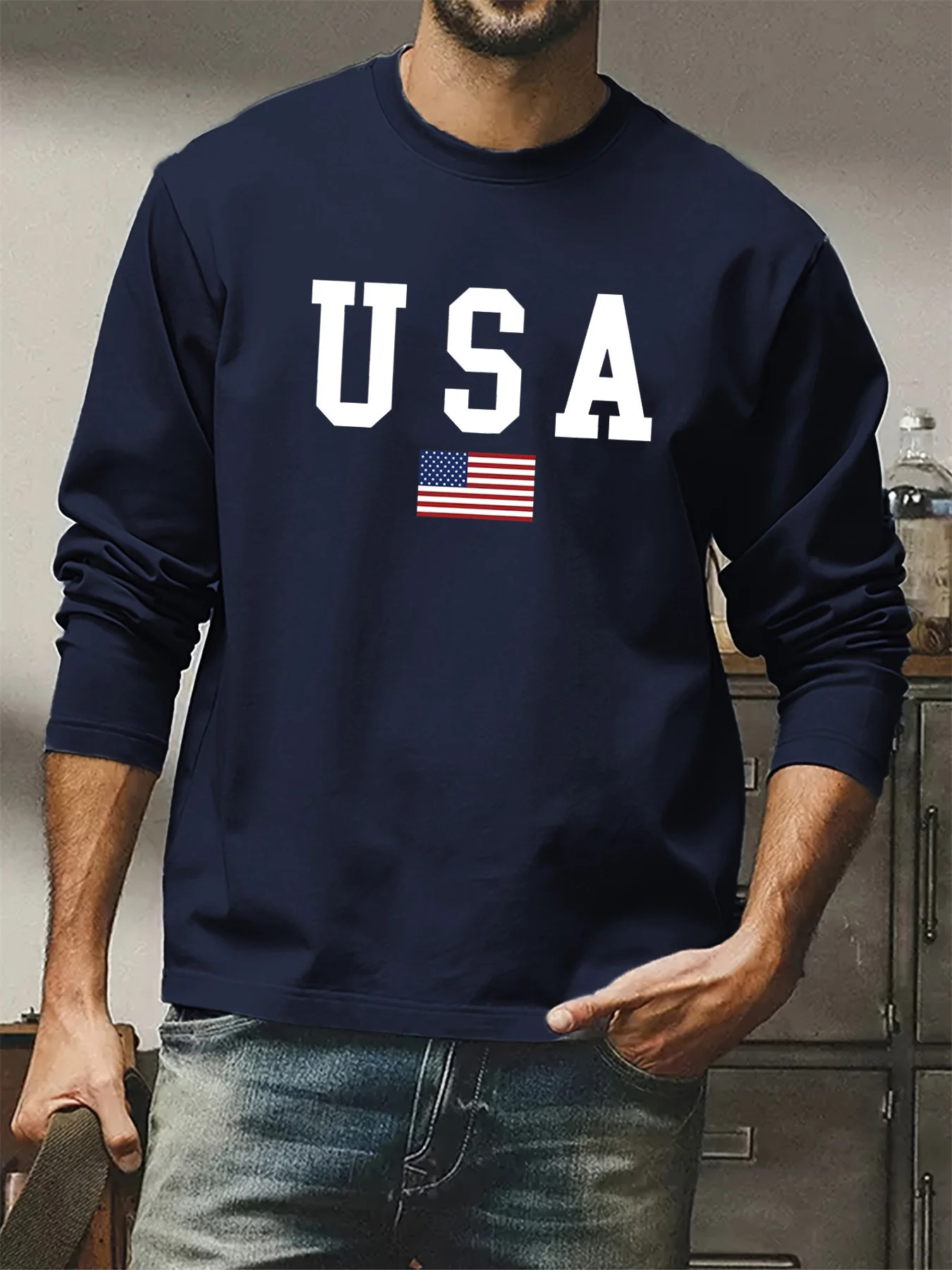 Camiseta de manga larga con cuello redondo y estampado de bandera americana informal y cómoda de algodón 100% para primavera y otoño para hombre