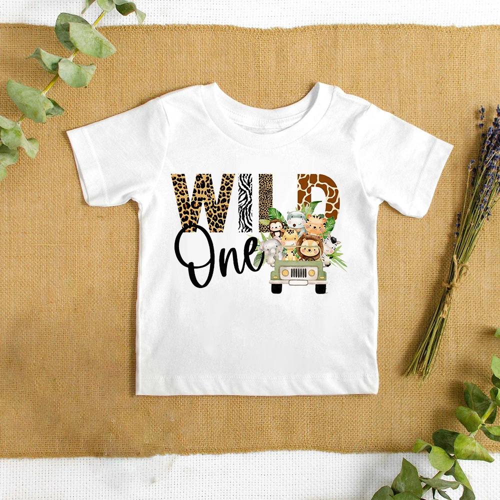 Wild One Safari Animals Printed Kids Birthday Shirt Boys Girls T-Shirt Wild Birthday Party Outfits Toddler Short Sleeve Clothes