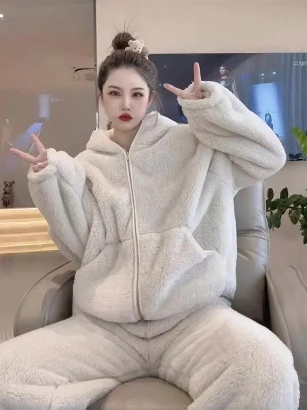 

plus Size 300 Pounds Premium Flannel Two-Piece Set Women's Winter Warm Loose Hooded Zipper Home Clothes Set Fashionable Casual