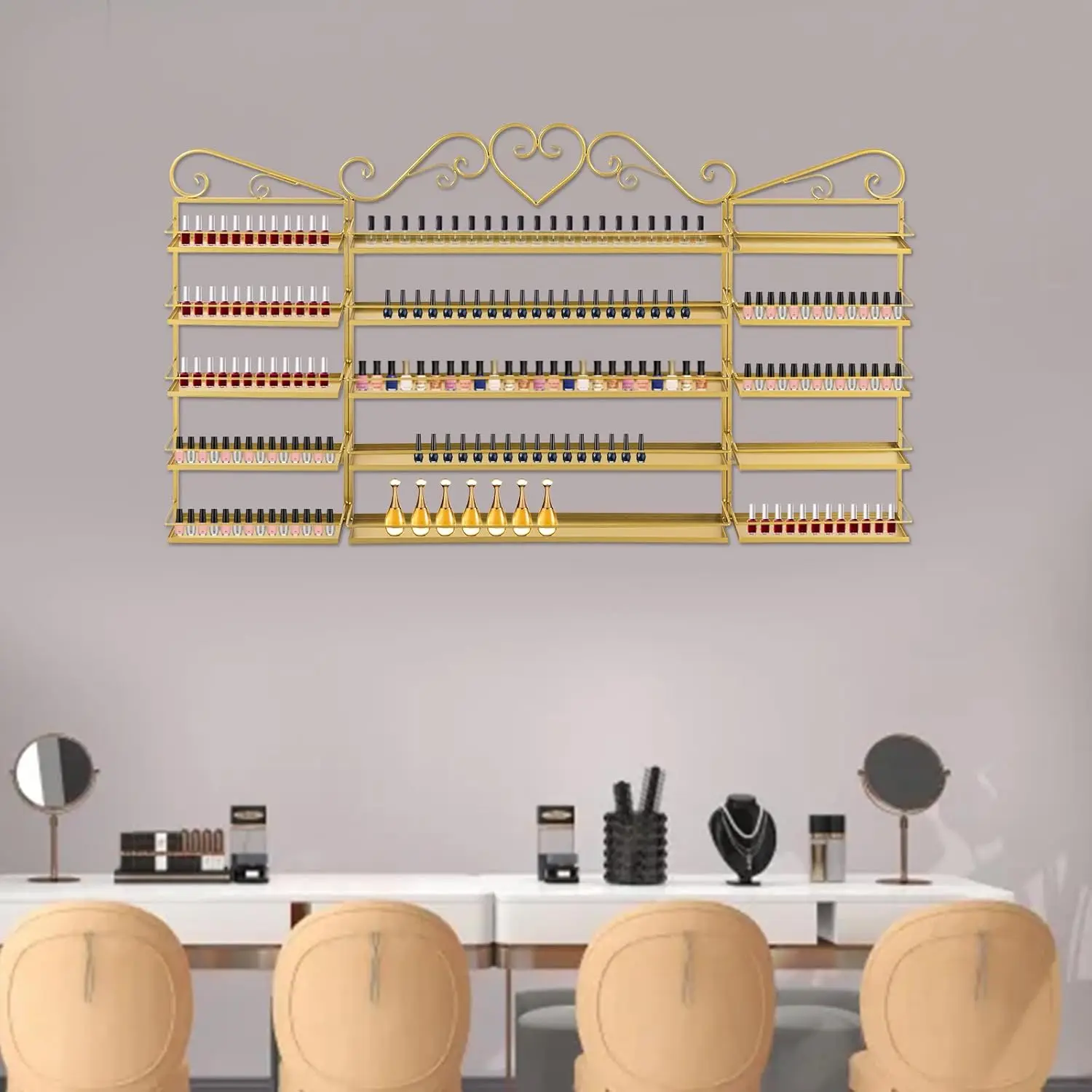 

Gold Wall-Mounted Nail Polish Organizer, 5 Tiers Metal Salon Shelf with 1 Middle & 2 Side Racks for Beauty Salon Use