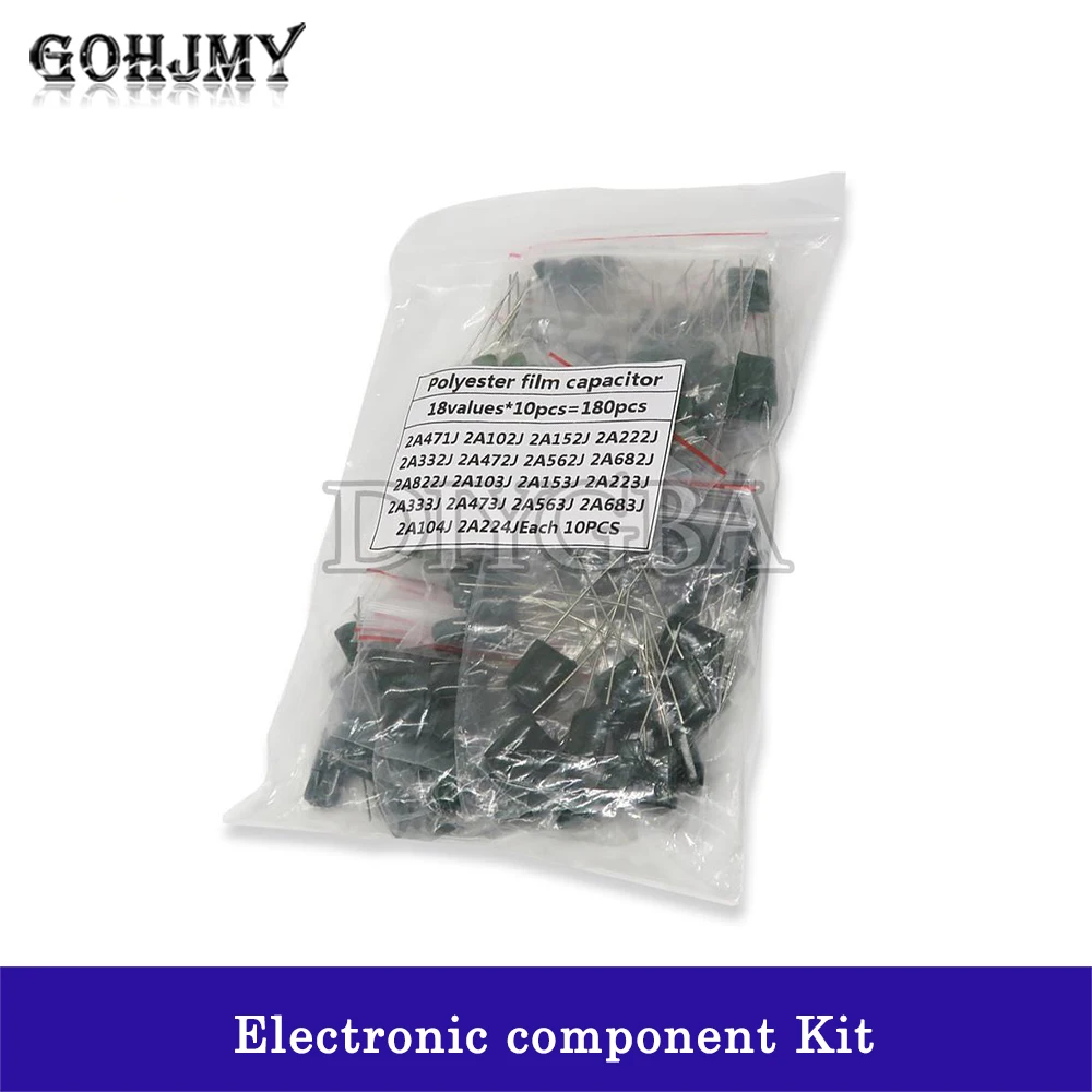 180PCS Polyester film capacitor Assorted Kit contains 2A104J 2A332J 2A472J 2A103J 2A333J 2A473J 2A563J 2A223J 18value*10PCS