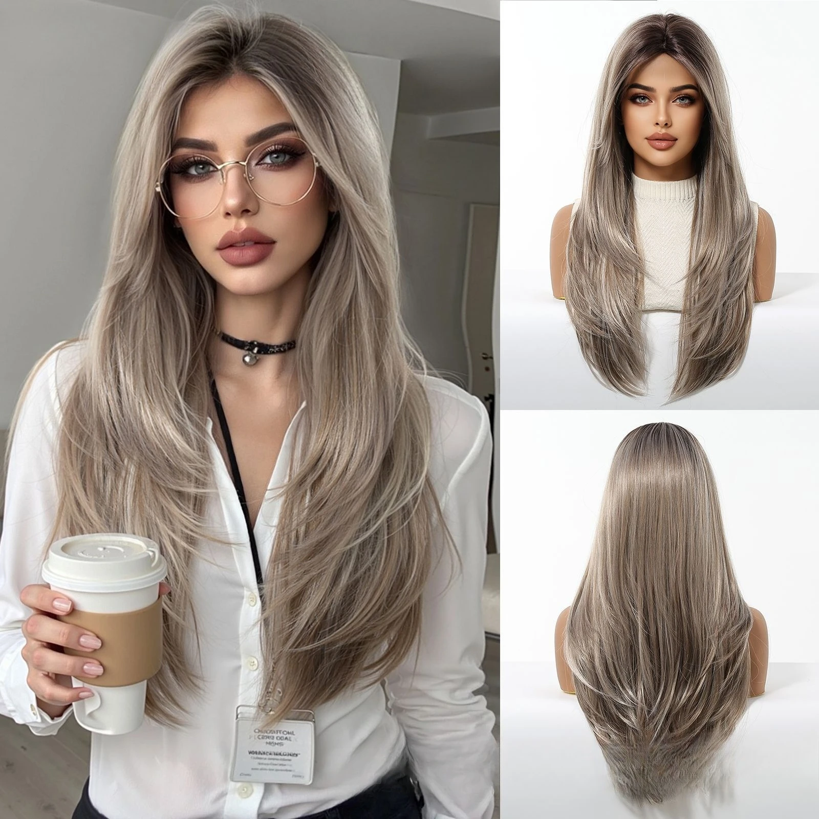 

Wig female full headgear fashionable European and American style high-level wig gradual change gray chemical fiber headgear wigs
