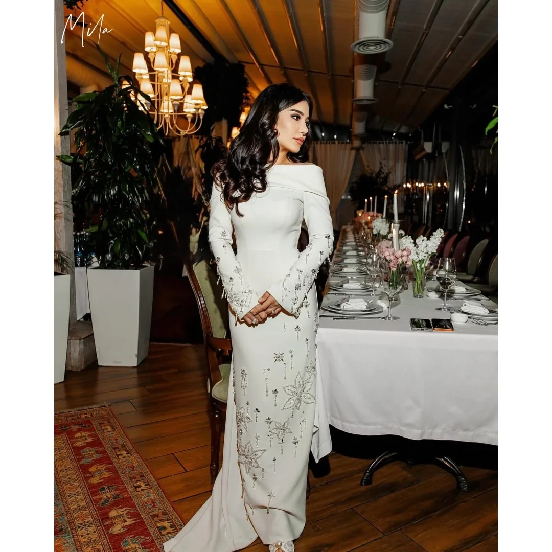 

Мила Белые платья для выпускного вечера с открытыми плечами и длинными рукавами, украшенные стразами, вечерние платья по индивидуальному заказу с тонким шлейфом, платья de gala