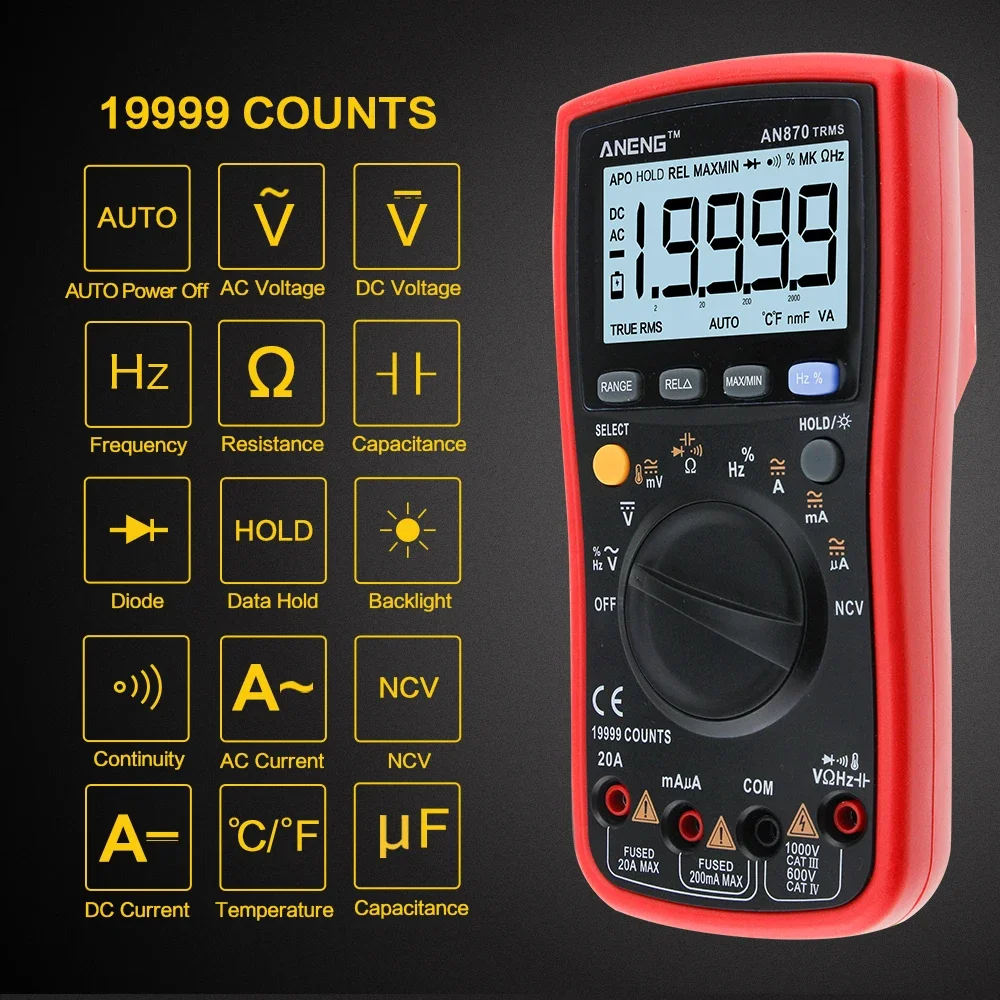AN870 Auto Range Digital Precision multimeter True-RMS 19999 COUNTS NCV Ohmmeter AC/DC Voltage Ammeter Transistor Tester view 3