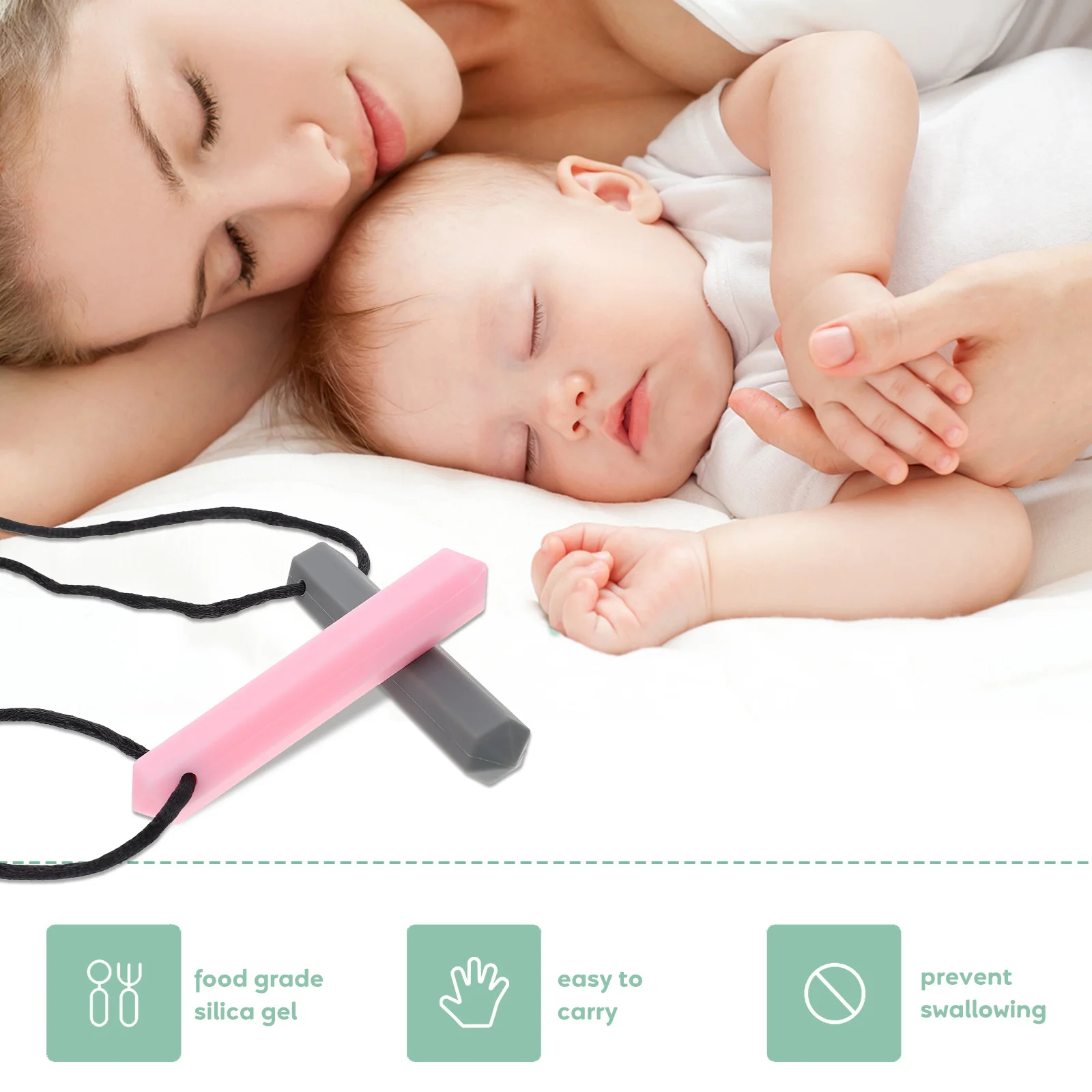 

2pcs Silicone Baby Teether Pendants Chew Necklace Durable Bite Resistant Lightweight Infant Teeth Biting Oral Training Chewing