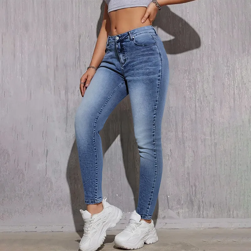 

European and American Popular Jeans Women's Mid-waist High Elastic Slim-fitting Black Trousers Casual