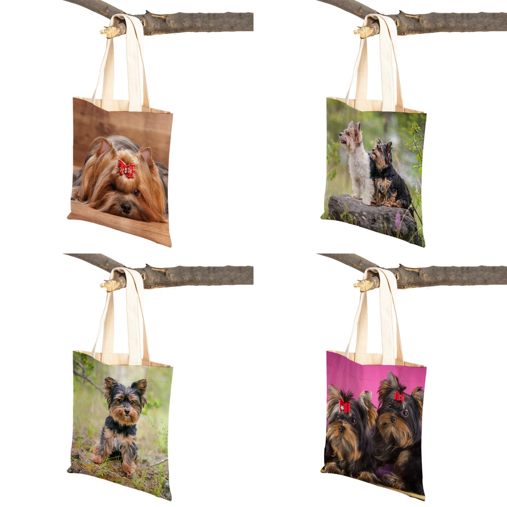 Fashion MINI Yorkshire Dog Canvas Student Lady Shopping Handbag Reusable Double Print Cute Pet Animal Casual Tote Bag for Women