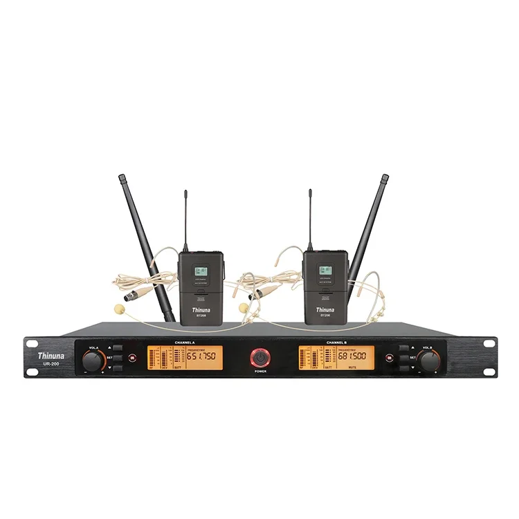 Thinuna UR-200 المهنية 2 قناة UHF نظام لاسلكي مجموعة ميكروفون مع يده / التلبيب / سماعة ميكروفون لاسلكي