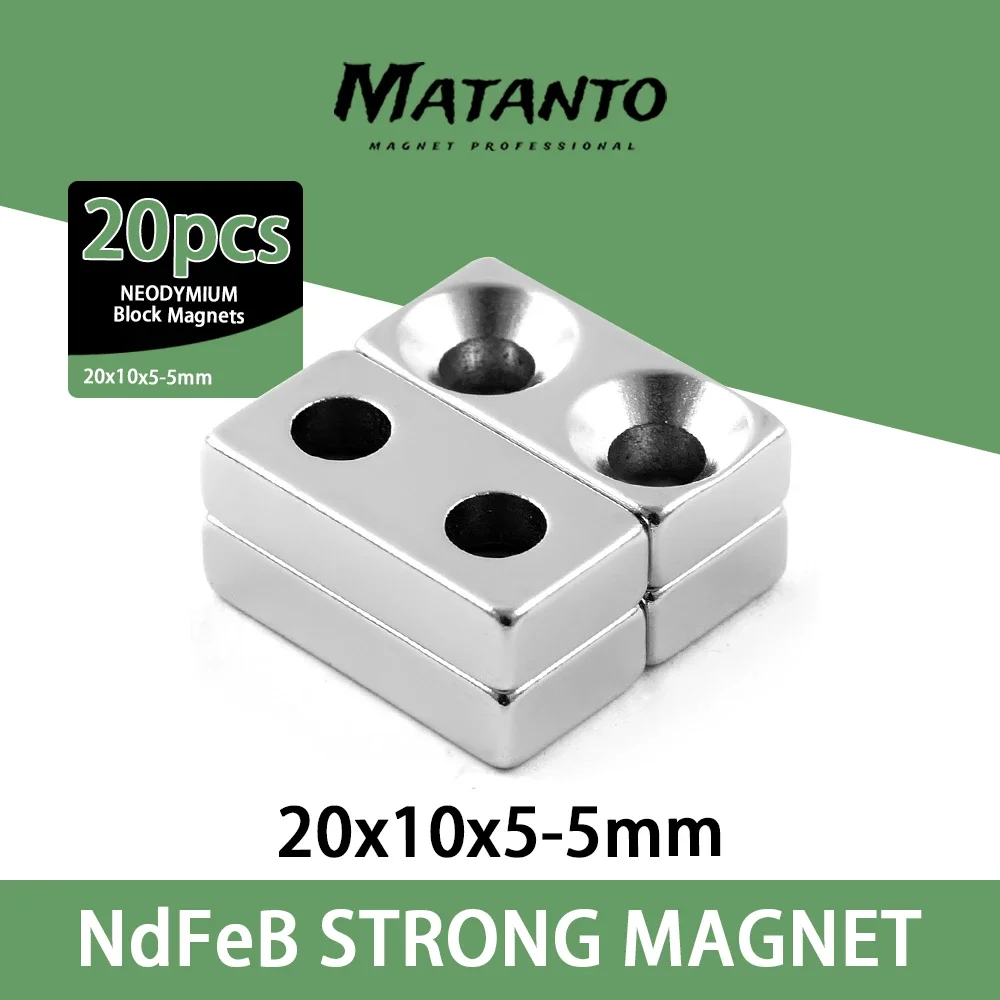 2-50PCS 20x10x5-5mm N35 Powerful Block Magnetic Countersunk Hole 5mm Permanent Magnet Super Neodymium Magnets 25*10*5-5mm