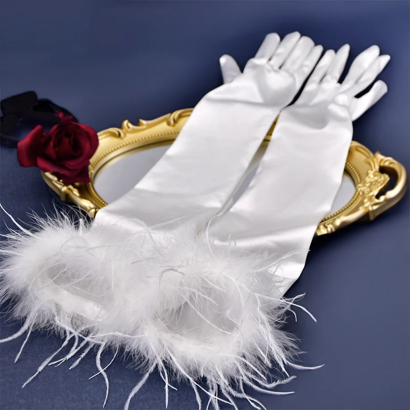 1Pair Silk Satin Gloves Plush Feather Elastic Long Dance Party Gloves Women Halloween Weeding Party Opera Stage Makeup Mittens image 4