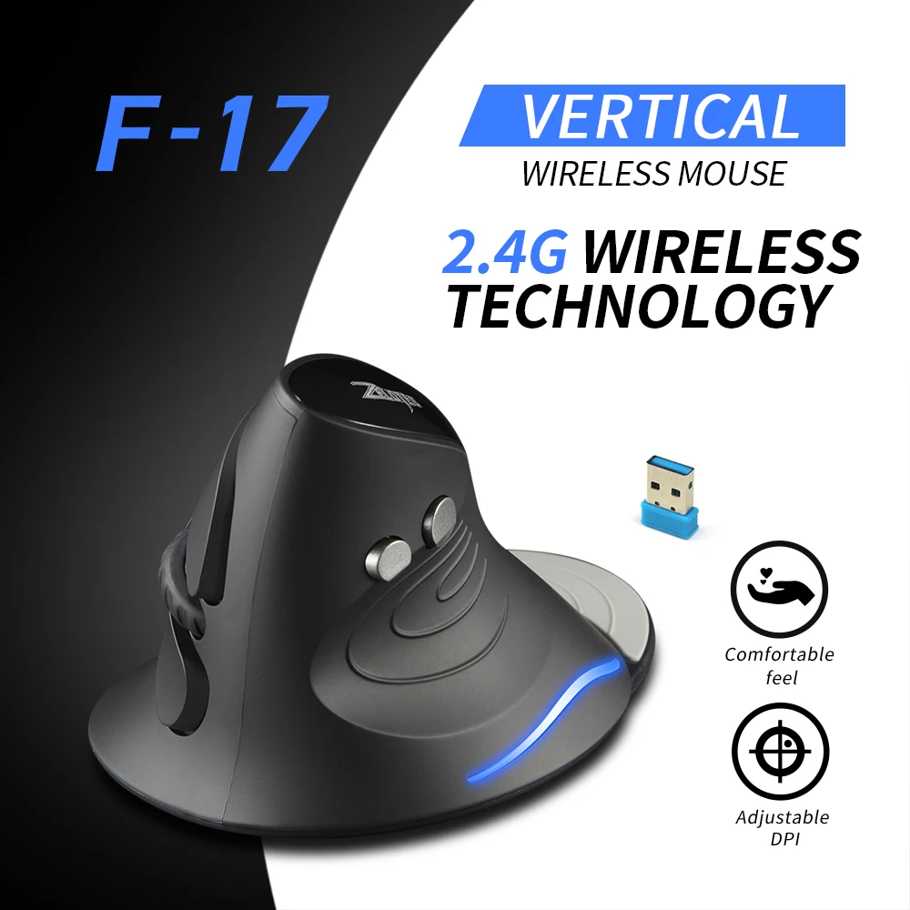 ZELOTES F-17 Vertical Mouse 2.4GHz Wireless Gaming Mouse 6 Keys Ergonomic Optical Mice with 3 Adjustable DPI for PC Laptop