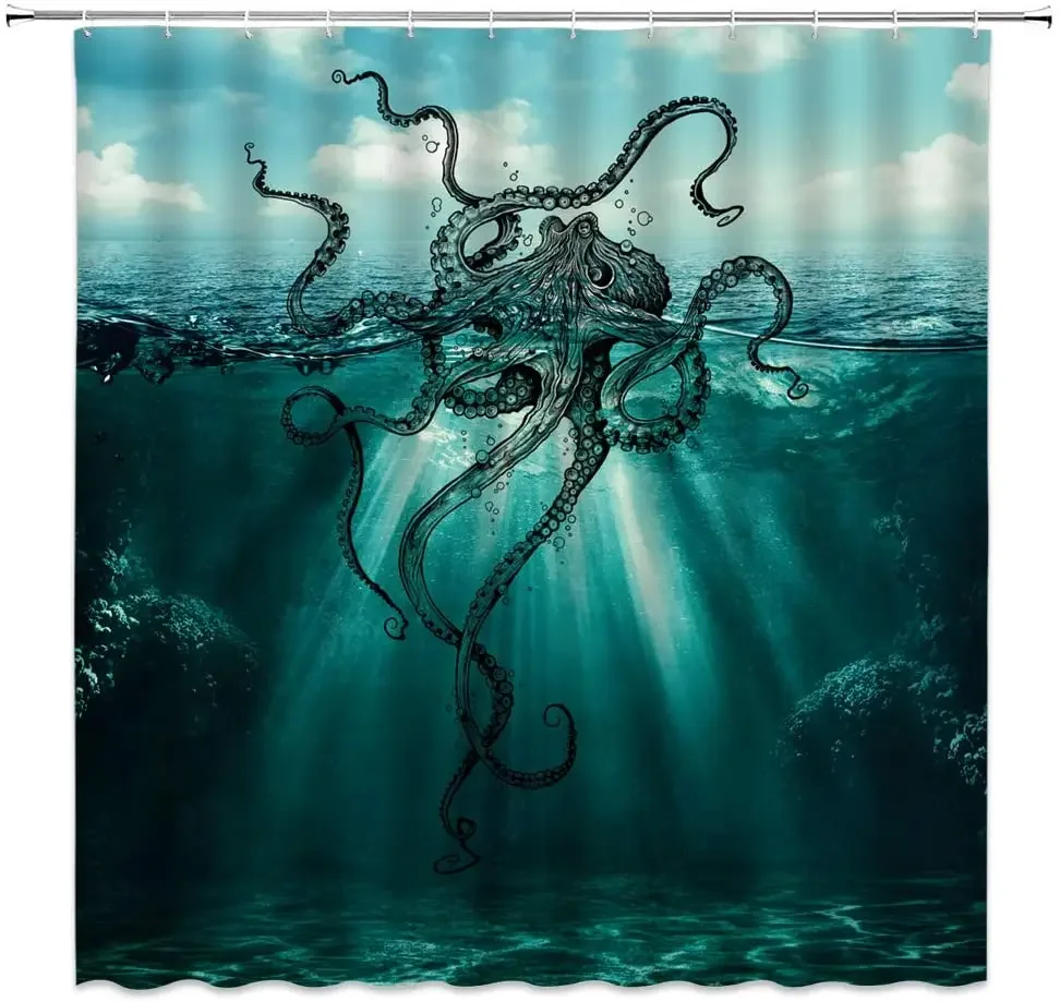 By Ho Me Lili Shower Curtain Kraken Octopus Tentacle Unique Seawater Sea Life Teal Blue Bathroom Decor Fabric Sets With Hooks