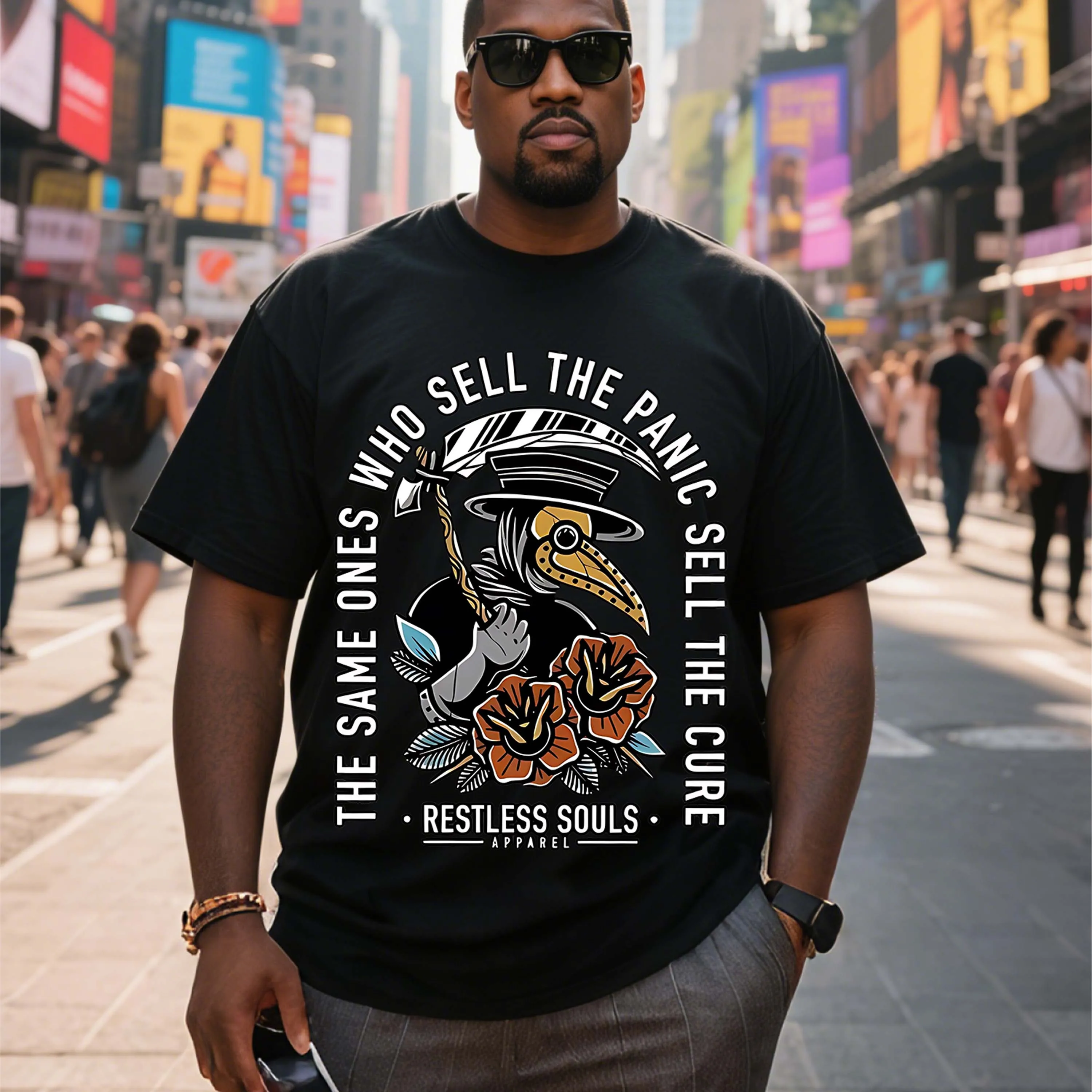 

Черная футболка больших размеров с короткими рукавами и рисунком чумного доктора, подходящая для летней одежды для отдыха на открытом воздухе