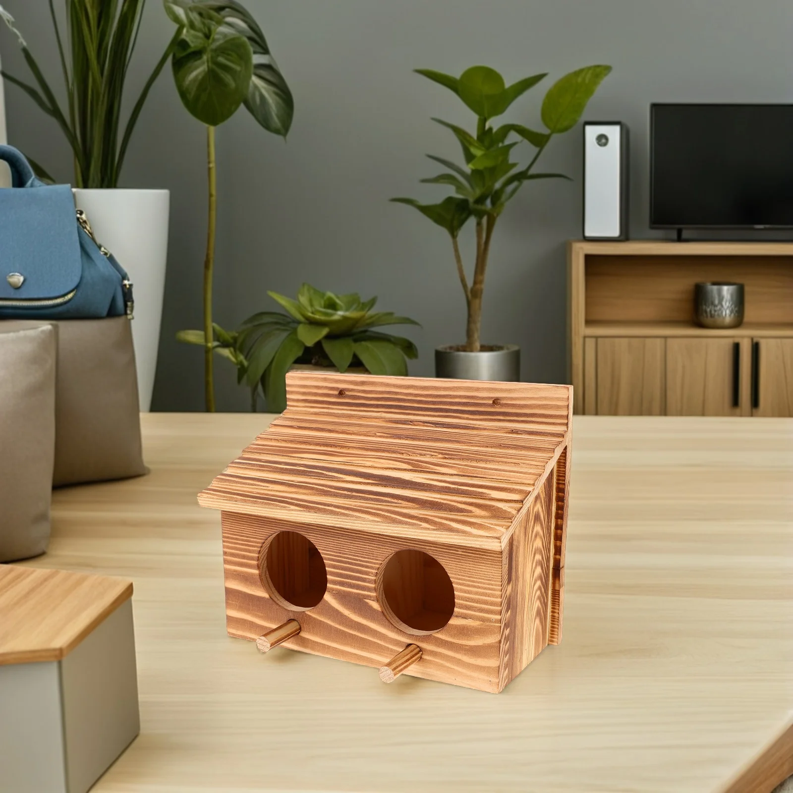 

Solid Wood Bird's Nest House Cage Cockatiel Conure Nesting Wooden Finch Perch Stand Holder