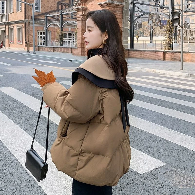 

Women's Thiened Doll Collar Bread down Cotton Jaet Winter New Sle Street Faion Outerwear Long Sve Zipper Closure