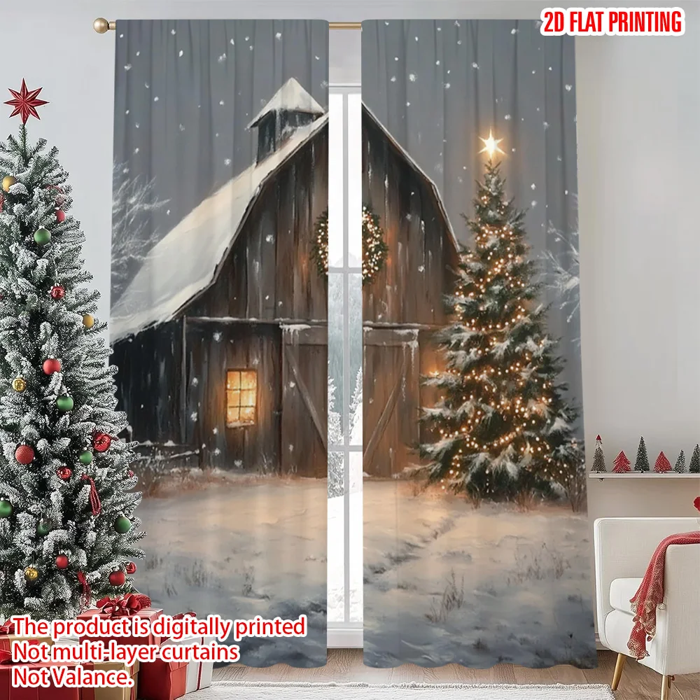 

2pcs 2D flat printing Merry Christmas Curtain Winter Christmas scene Versatile Fabric Without Electricity Family Party Use for