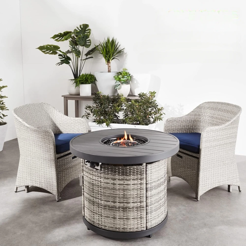 32in Round Gas Fire Pit Table, 50,000 BTU Outdoor Wicker Patio Propane Firepit w/Faux Wood Table Top, Glass Beads, Cover