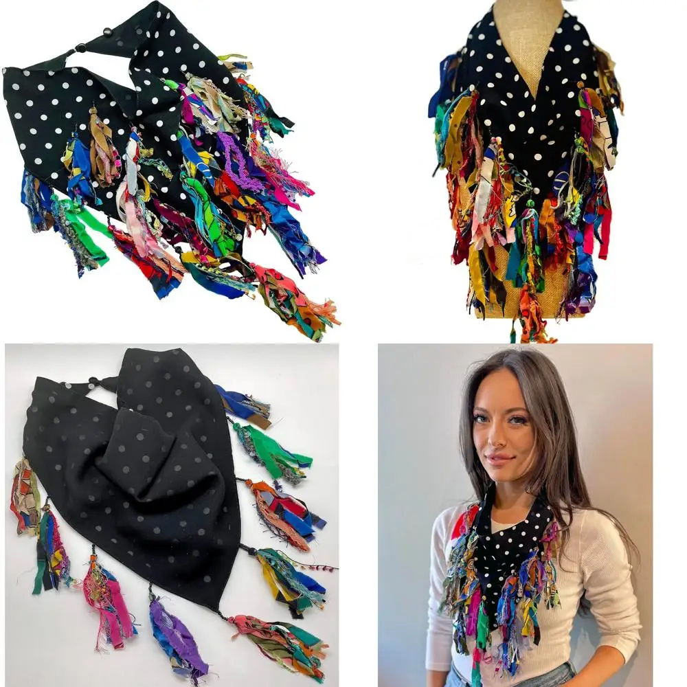 

Шелковый шарф-капюшон с ручной росписью и разноцветными кисточками на черно-белом полиэстереве для женщин