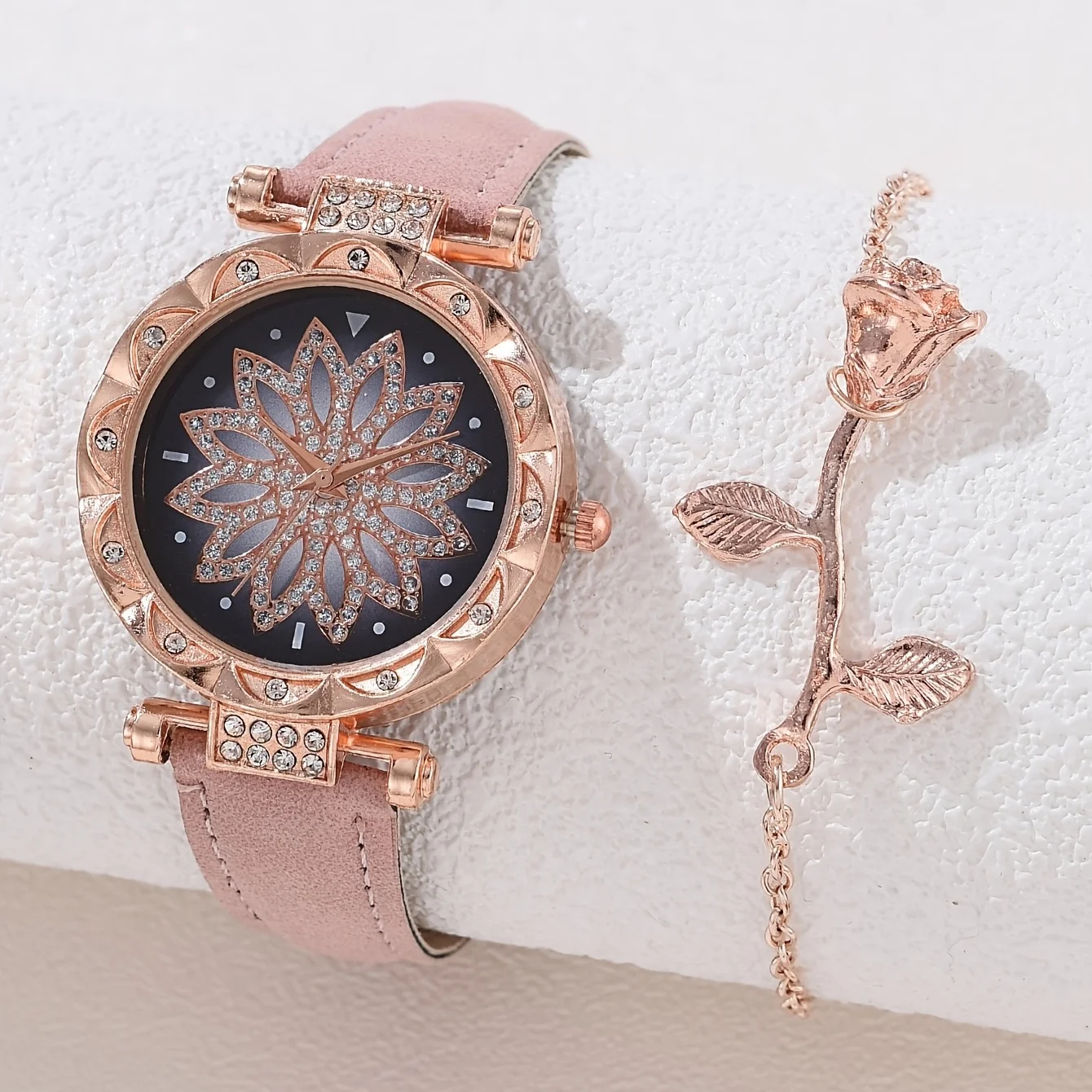 

Women's Watch Flower Fashion Quartz Watch Sparkling Rhinestone Analog Wrist Watch & 1pc Rose Flower Bracelet, Gift For Mom Her