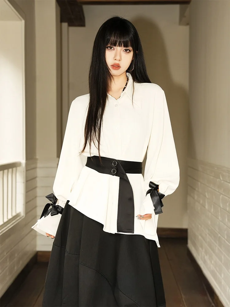 

Spring New Arrival Korean Sle Commute irt Color Blo Design with Waist Seal Women's Loose Fit Long Sve Button up