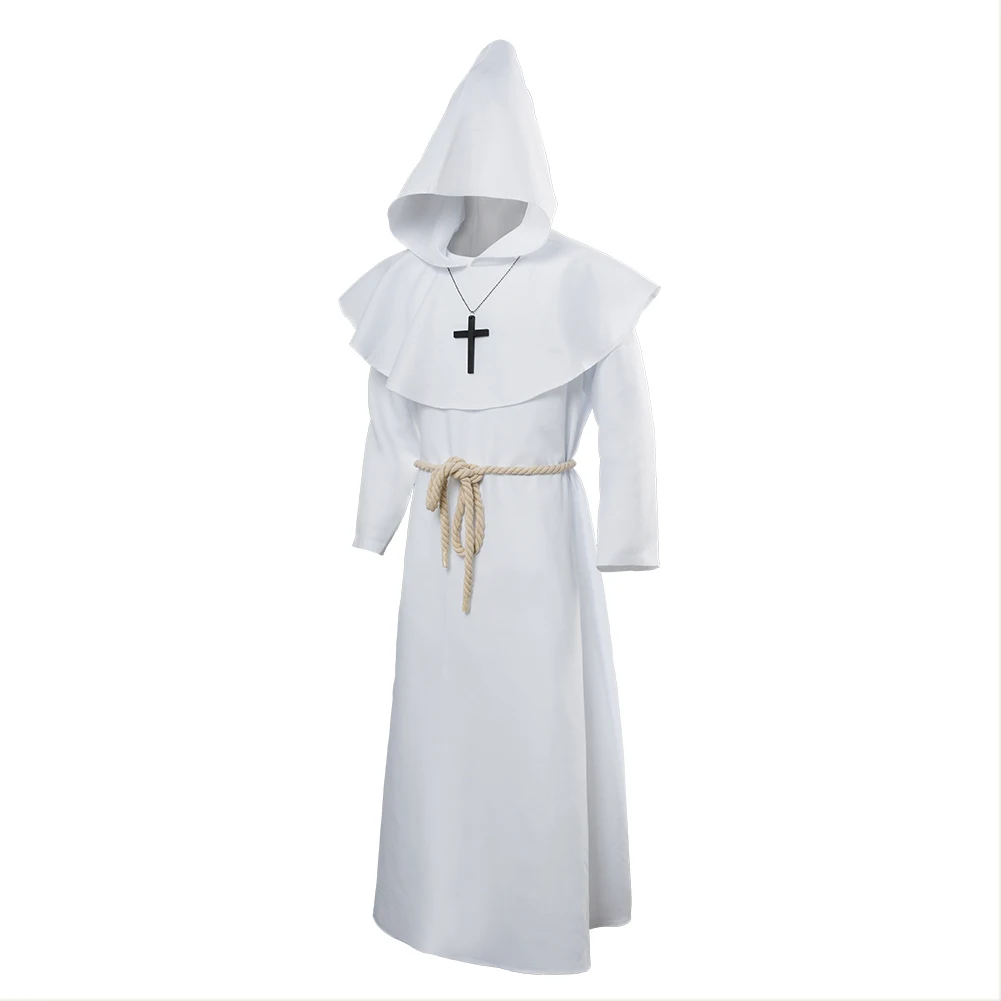 Men Church Medieval Renaissance Costume High Priest Monk Druid Cosplay Costume  Robe Hooded Cloak Coat Halloween Carnival Suit