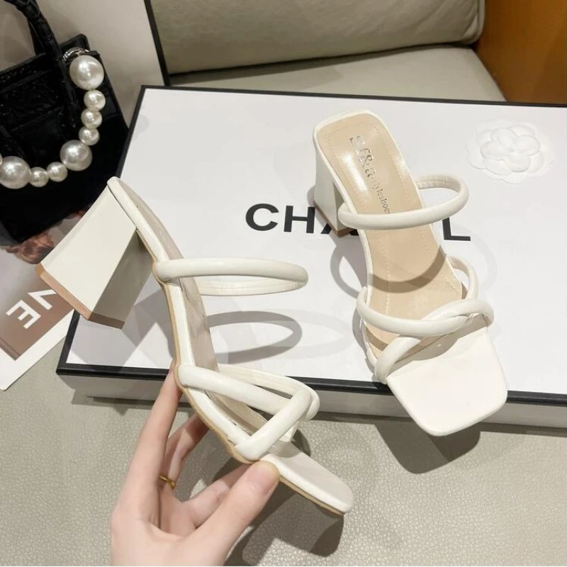 2024 New Designer Summer Pumps Slippers Sandals Shoes Women High Heels Square Toe Sandal Lady Shoes  heels women