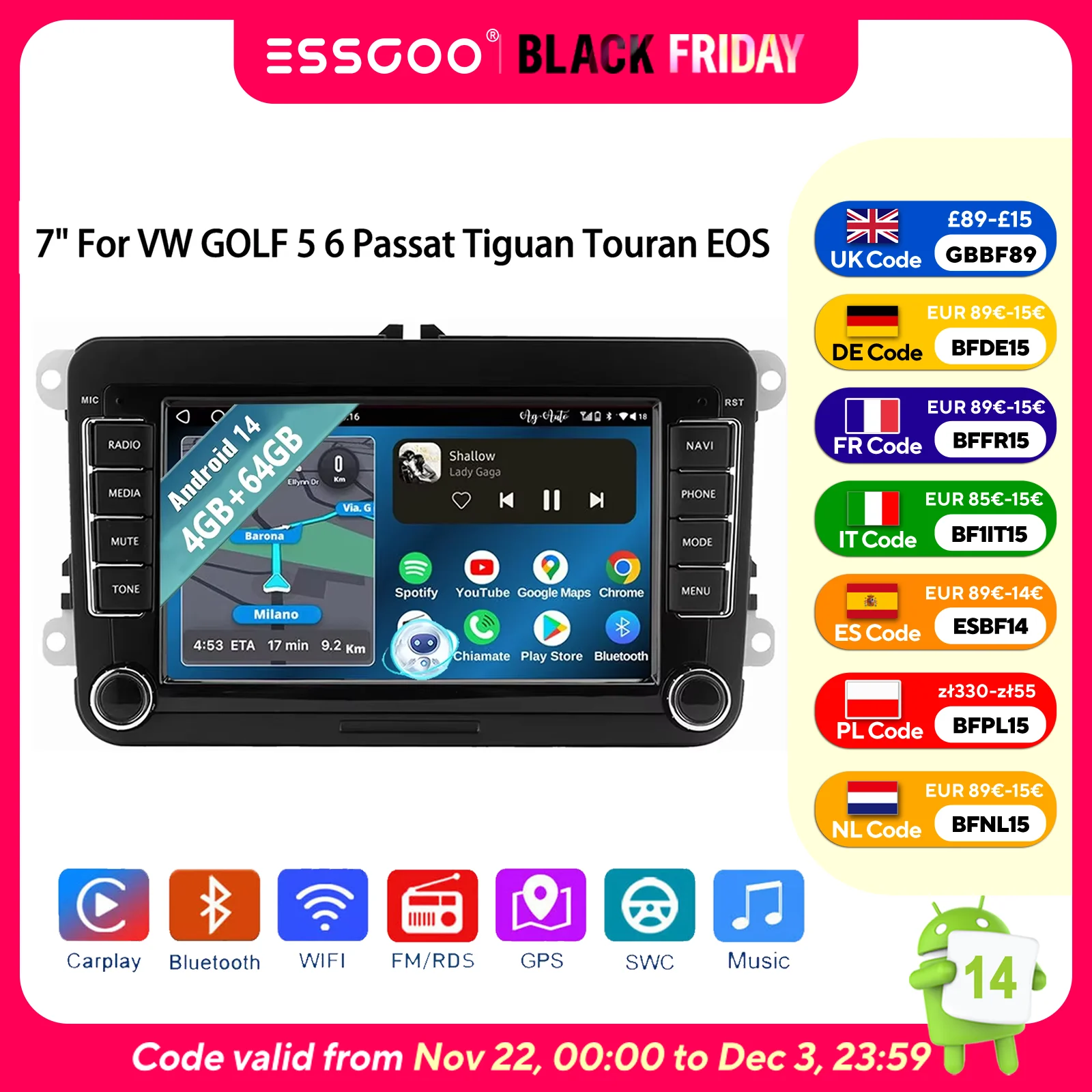 ESSGOO Autoradio Android 14 7" 4+64G CarPlay Inalámbrico GPS Navegación WIFI RDS FM Bluetooth para VW Golf 5 6 Passat Polo 6R Touran Tiguan Caddy EOS Jetta Seat Skoda Pantalla Táctil Mirror Link USB