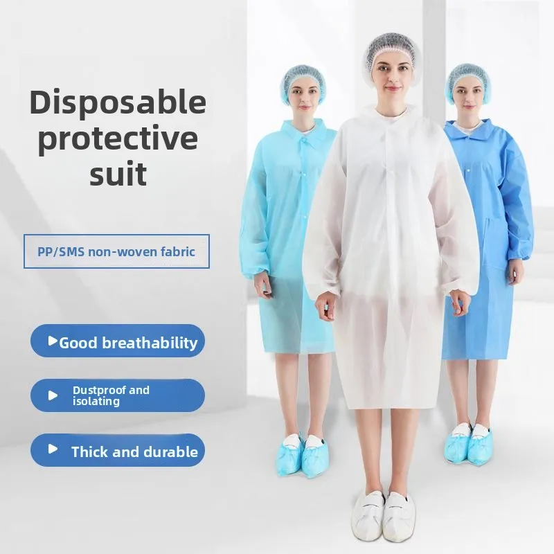 Disposable Non-woven Workwear Lab Coat White Gown Breathable Dust-proof Food Industry Visitor Suit Hooded Mid-length Adult