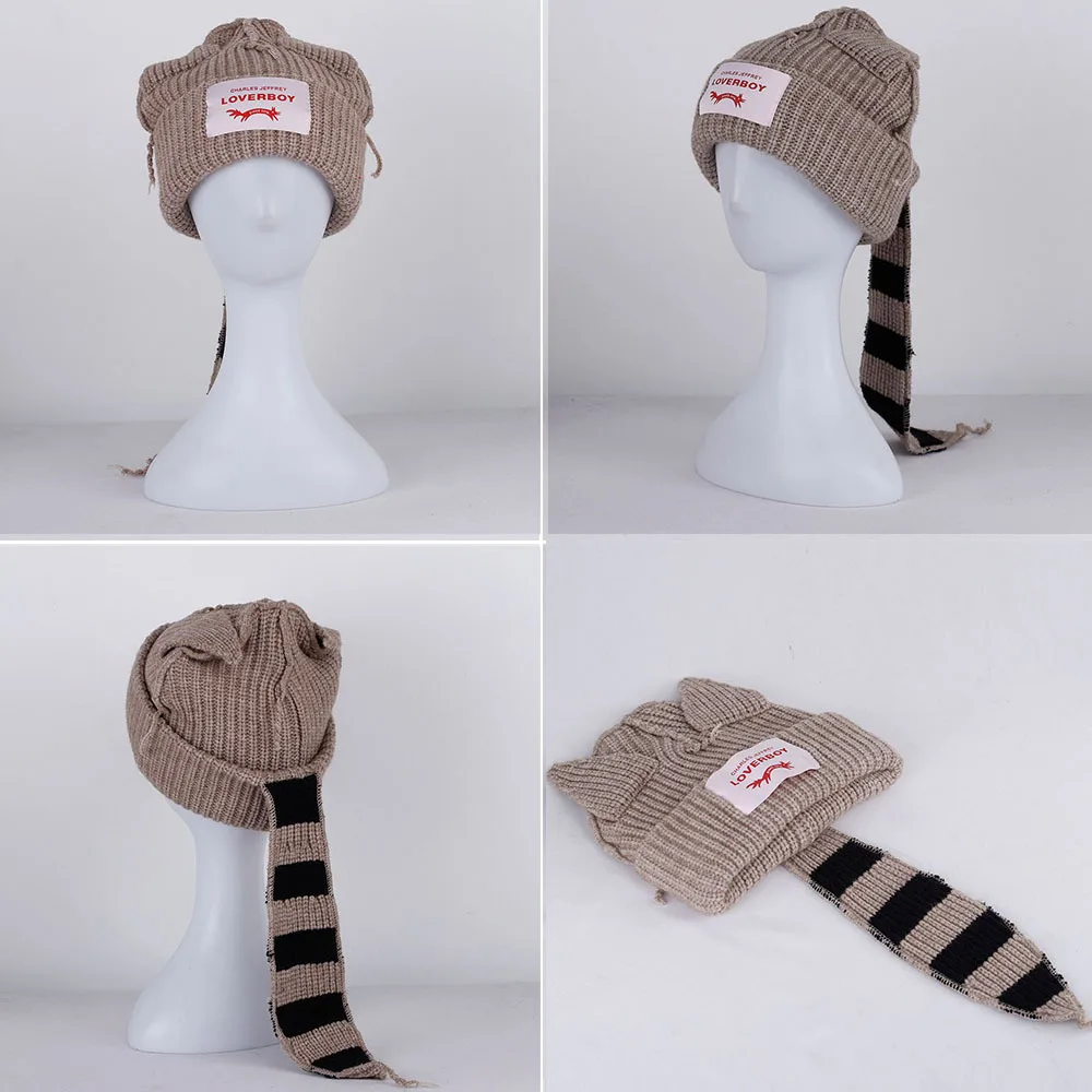 KPOP RENJUN Fox Tail Knitted Hat INS Style Stripe Wool Cat Ear Hat Winter Warm Decorative Cap Couple Christmas Gifts