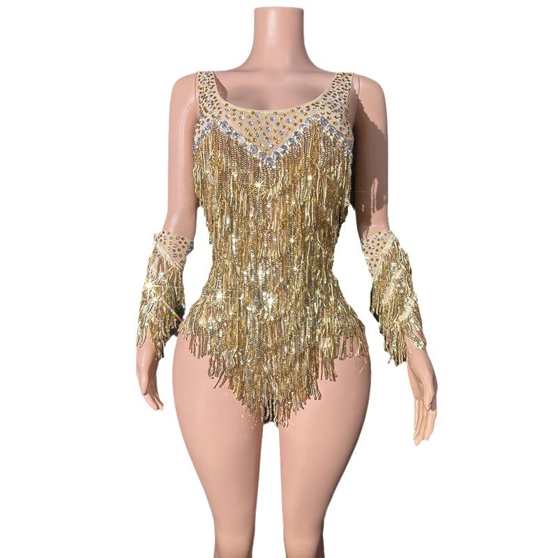 Fashion Jazz Clothing Gold Rhinestones Chain Bodysuit Women Gogo Dancer Costumes Bar Nightclub Ds DJ Stage Rave Outfit XS8170