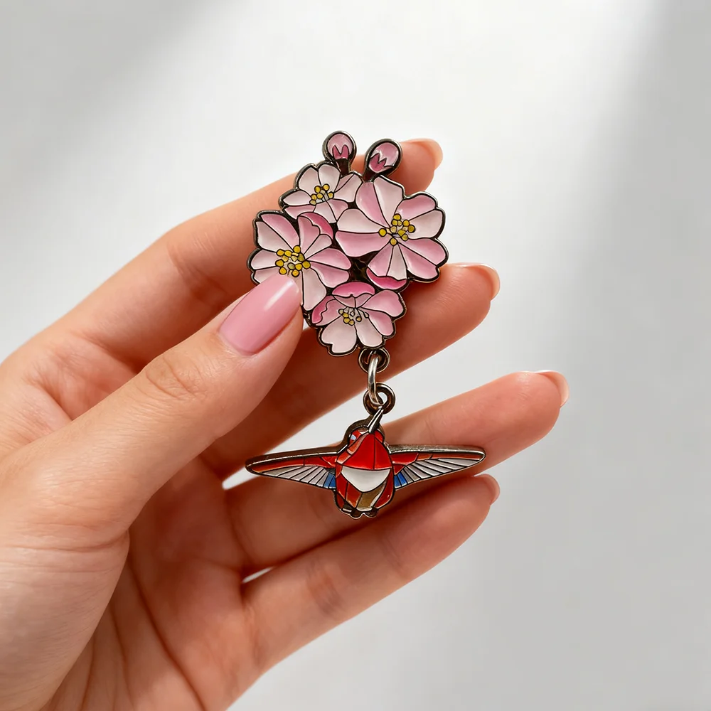 Cherry Blossom and Hummingbird Pendant Enamel Brooch Stained Glass Style Japanese Floral Theme Lapel Pin Clothing Accessory Gift