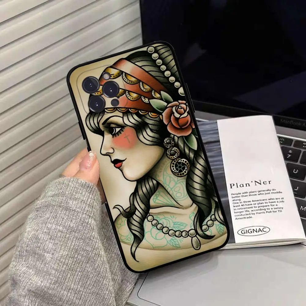 Old School Tattoo Phone Case Silicone Soft for iphone 15 14 13 12 11 Pro Mini XS MAX 8 7 6 Plus X XS XR Cover