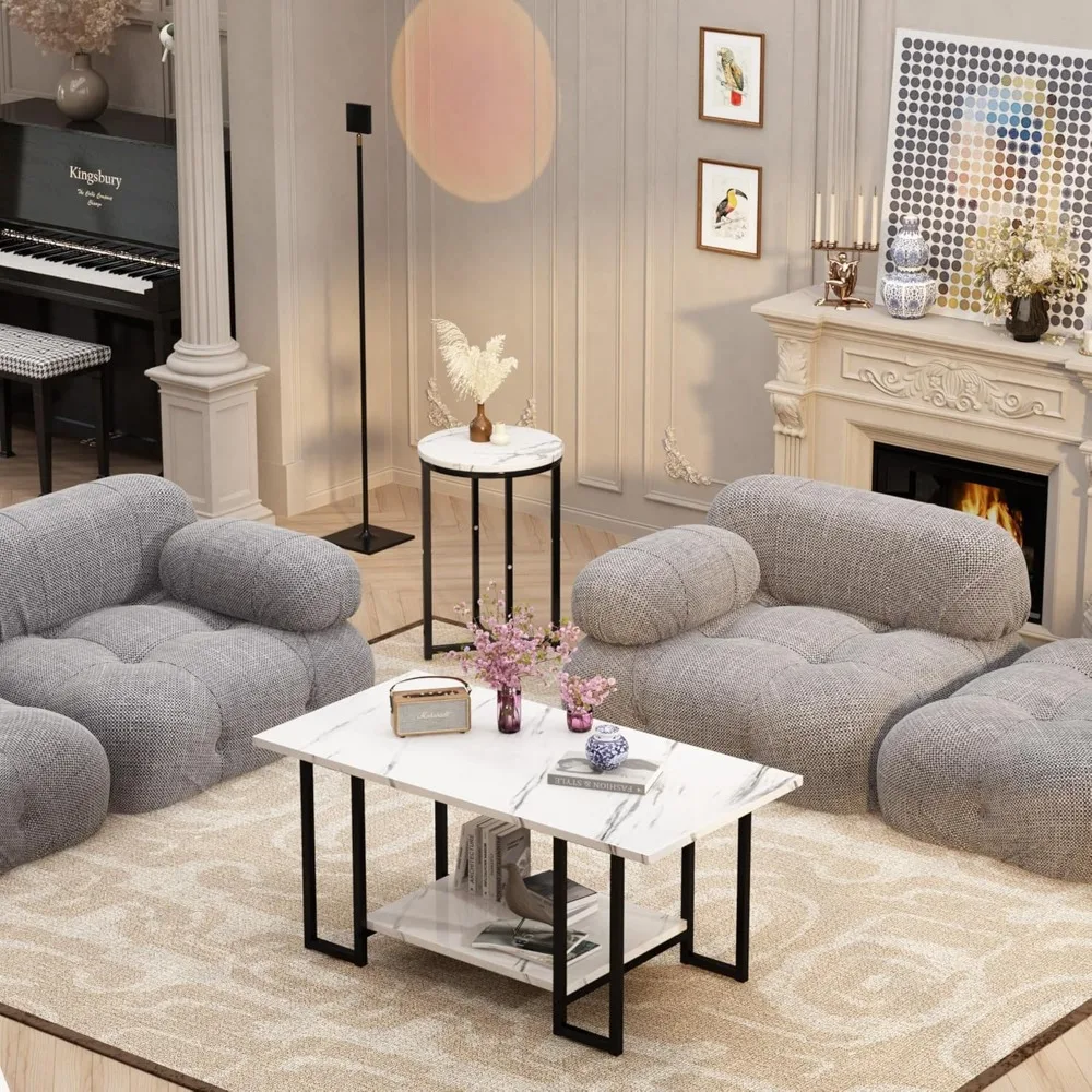 Faux Marble Living Room Table Set with 3 Pieces: Coffee Table and 2 Side Tables, Metal Frame Accent