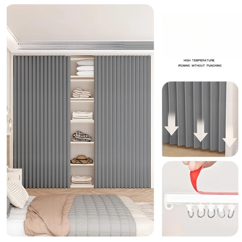 Drill-free Sliding Track Pleated Foldable Double Opening Wardrobes Curtain Dust-proof Waterproof Privacy Shield Cabinet Curtains