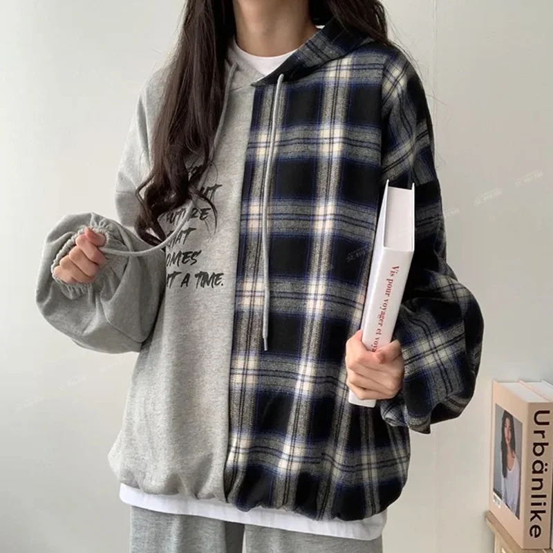 

Patchwork Hoodies Female Autumn Winter Loose Fleece Coat Oversized Women Clothes All-match Plaid Drawstring Sweatshirts Top Tee