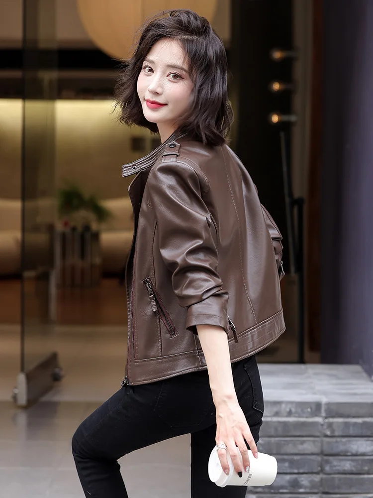 Outono/inverno nova edição coreana jaqueta de couro feminino casaco de couro do plutônio da motocicleta terno fino ajuste jaqueta de couro feminino