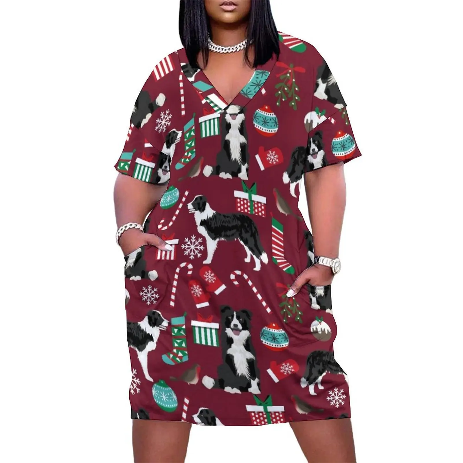 

Border Collie christmas stockings presents holiday candy canes dog breed pattern Loose Pocket Dress