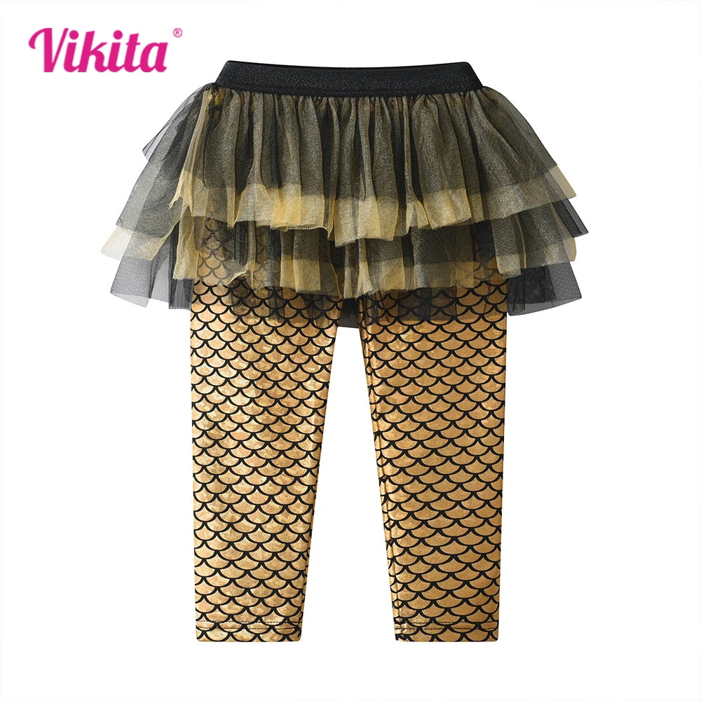 

VIKITA Kids Golden Leggings with Tutu Skirts Girls Leggings Mesh Skirt Fake 2 Pcs Children Performance Party Princess Trousers