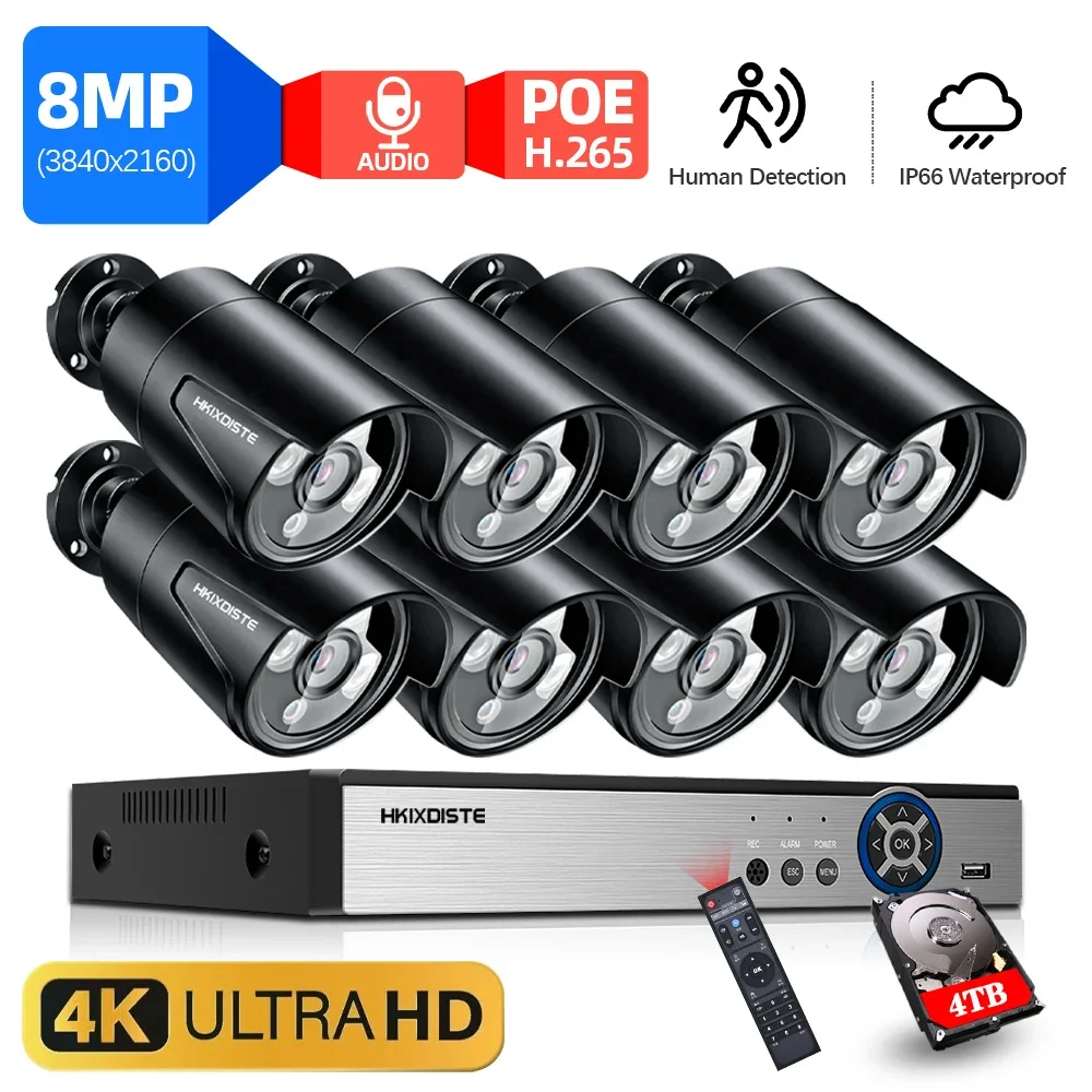 

HKIXDISTE 8MP CCTV Security Camera Surveillance Kit 4K POE NVR Metal Waterproof Audio Video Home Surveillance Kit Xmeye System