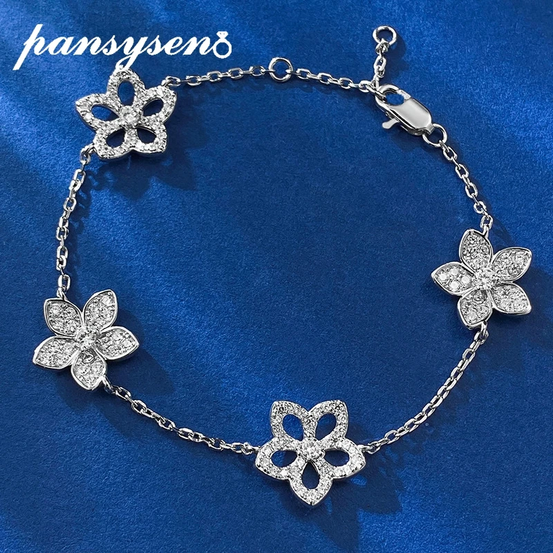 PANSYSEN 100% 925 Sterling Silver Flower Shape Sparkling High Carbon Diamond Charm Bracelets for Women Wedding Party Jewelry