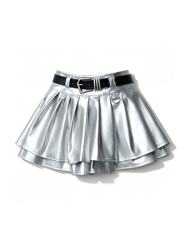 Women Black A-line Leather Skirt Vintage Aesthetic Y2k Pleated Skirt Harajuku Korean Gothic Mini Skirt Emo 2000s Clothes Summer
