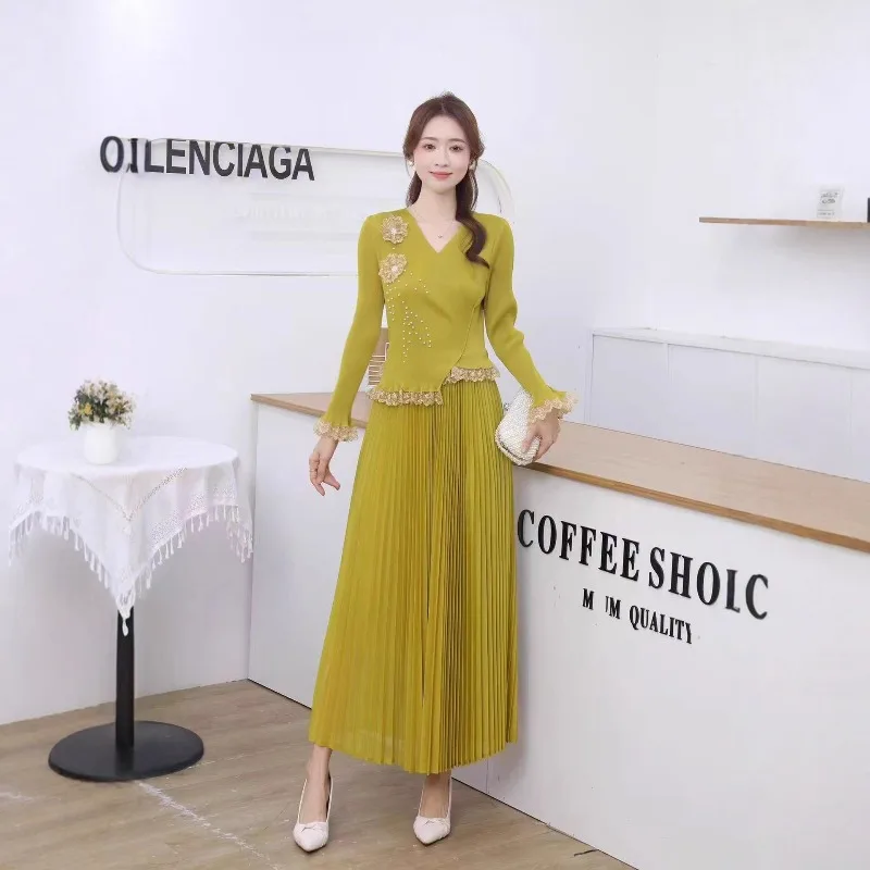 Miyake Pleated Plus Size Dresses Plisse 2026 Spring New Loose Beaded Three-dimensional Flowers Temperament Elegant Long Skirt