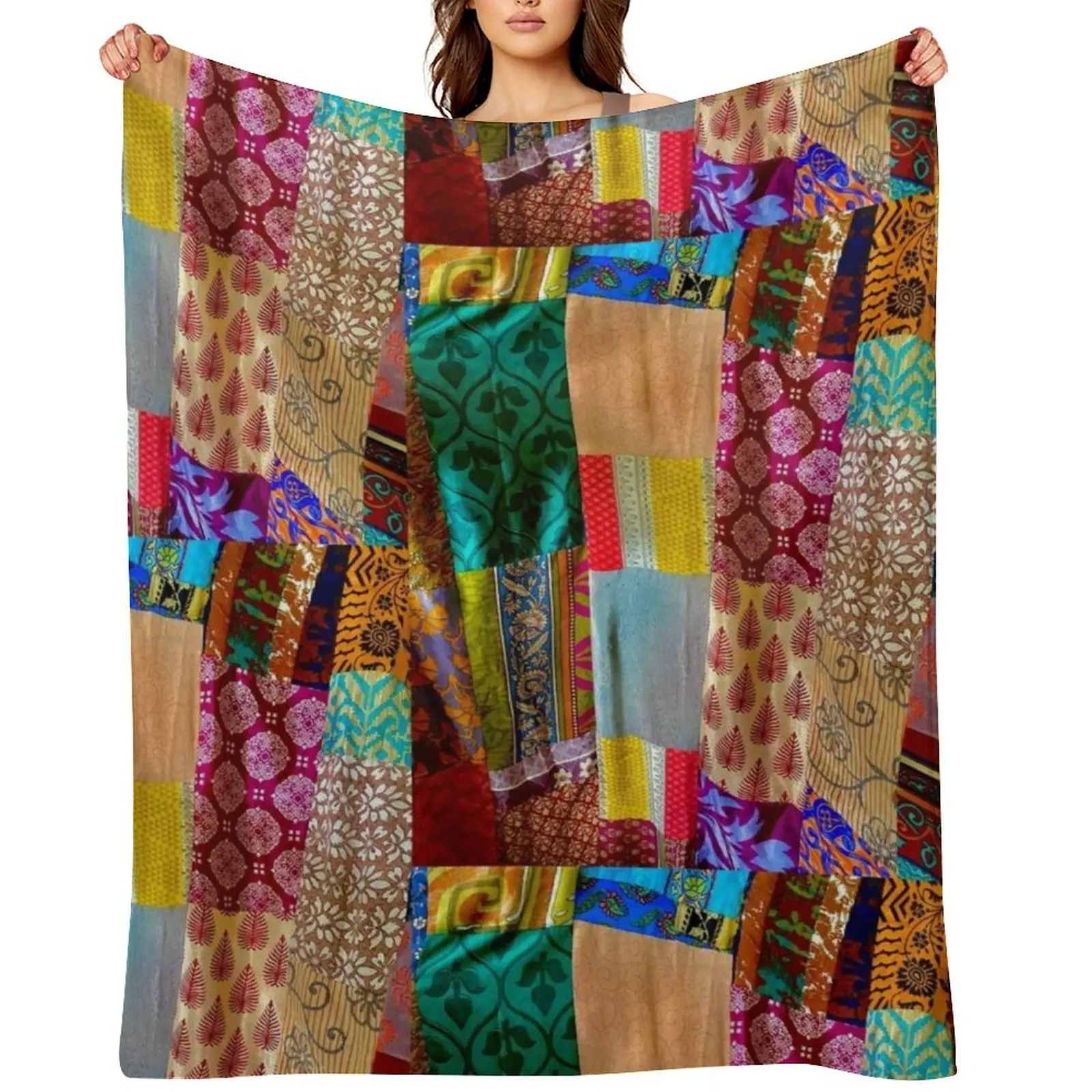 

Kantha Silk India Saries repurposed into Boho Goddess Throw Blanket Plaid Hair Luxury Thicken Flannel Fabric Blankets