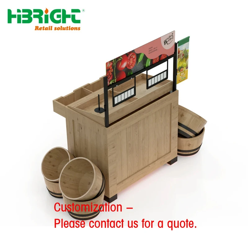custom.Highbright Customized Size Wood Single-Sided Light Duty Freestanding Supermarket Grocery Shelves Vegetable Display