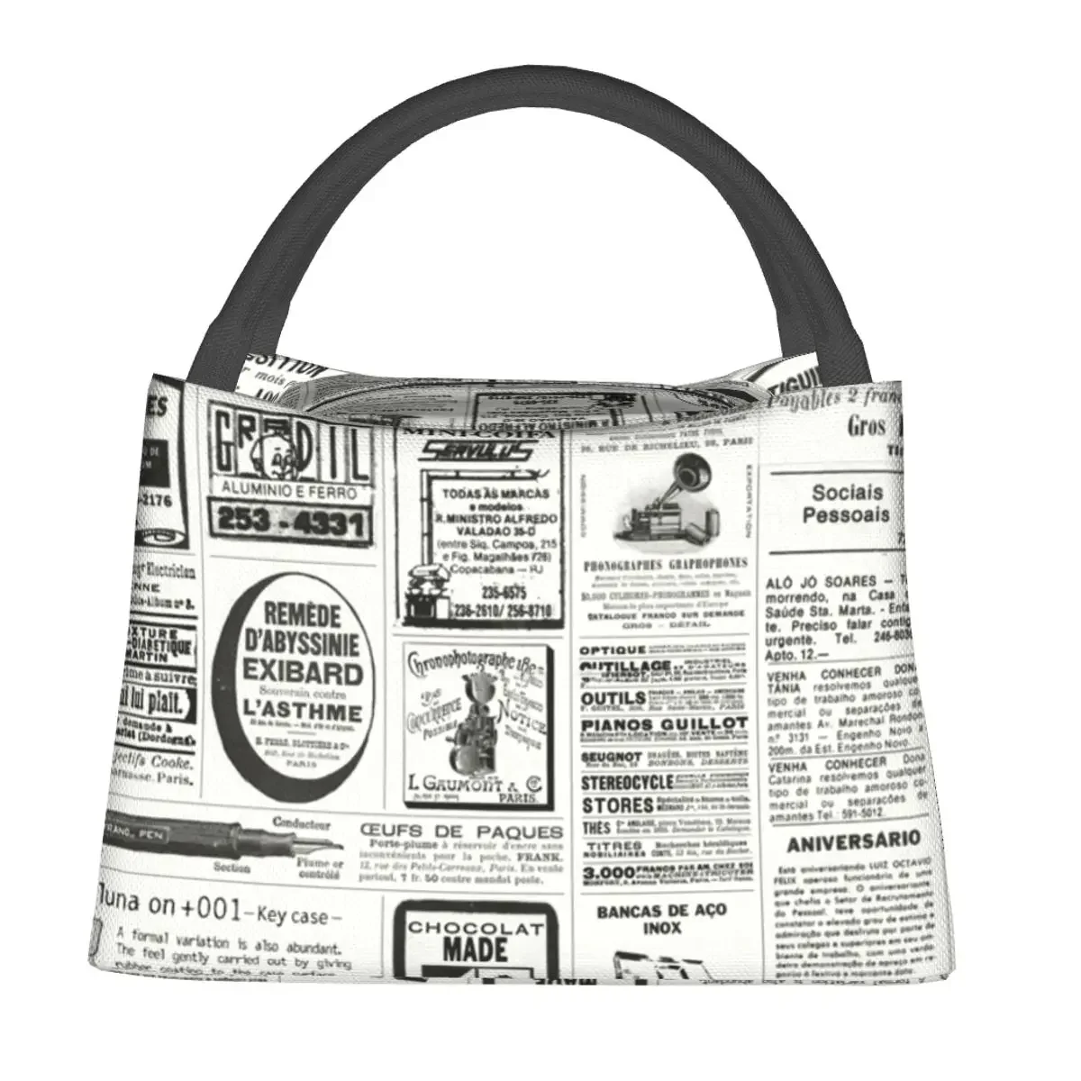 

Old Newspaper Print Lunch Bag Retro Letter Funny Lunch Box Outdoor Picnic Portable Zipper Cooler Bag Waterproof Tote Food Bags