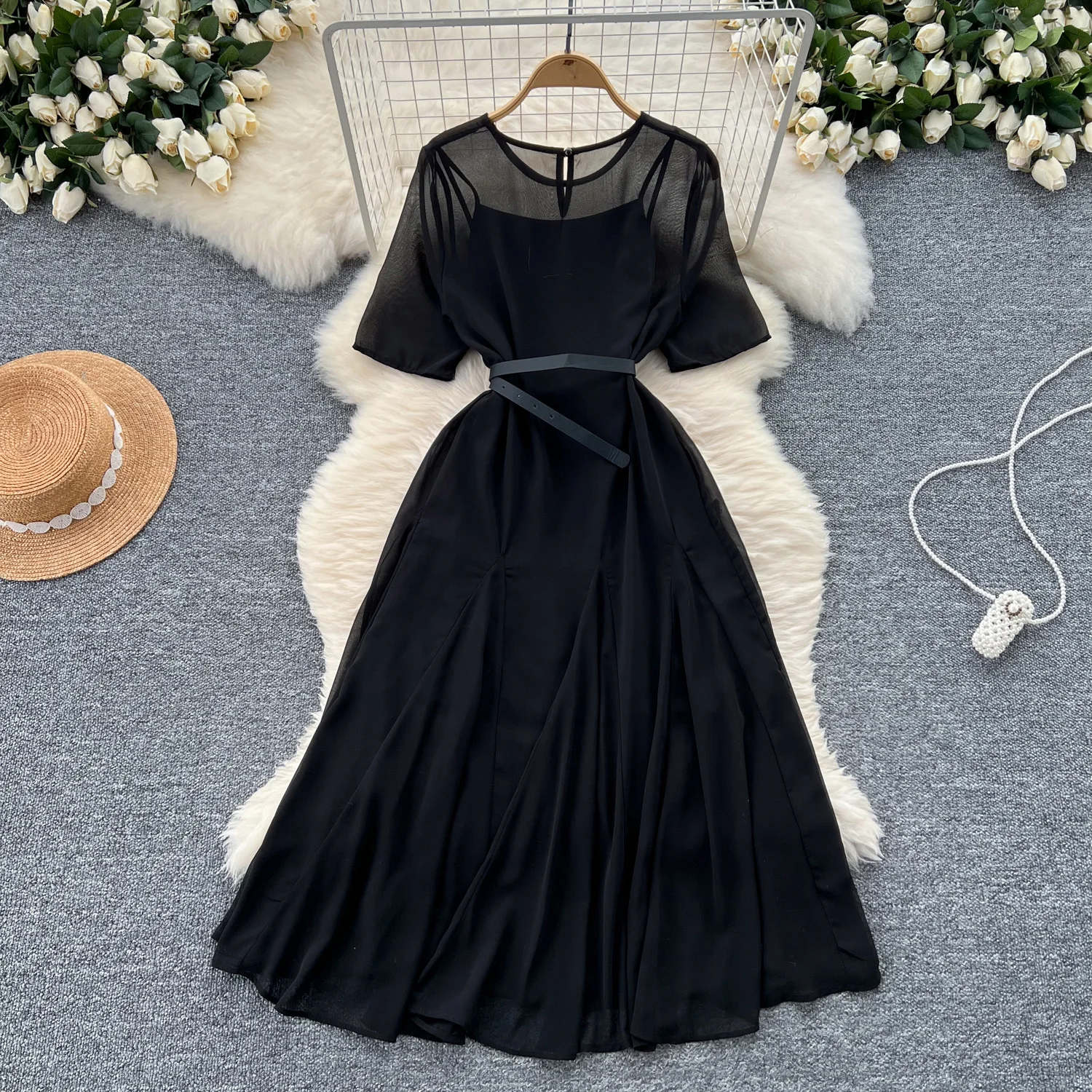 Vestido preto longo para mulheres, costura em malha, elegante vestido de festa para noite chique, duas camadas, verão e outono, novo, 2022