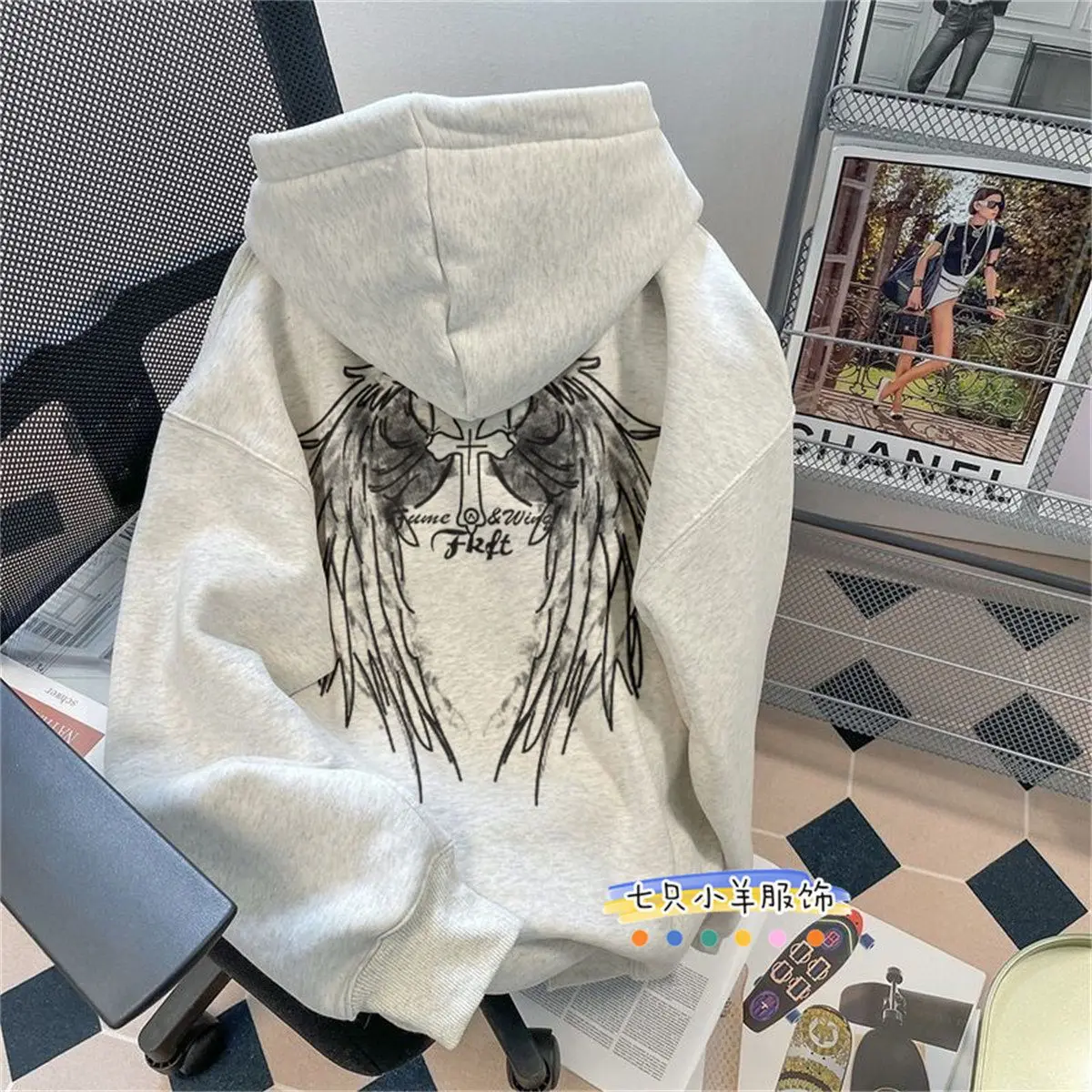 American autumn and winter high street men and women trendy personalized wing print hoodie couple loose casual top harajuku y2k